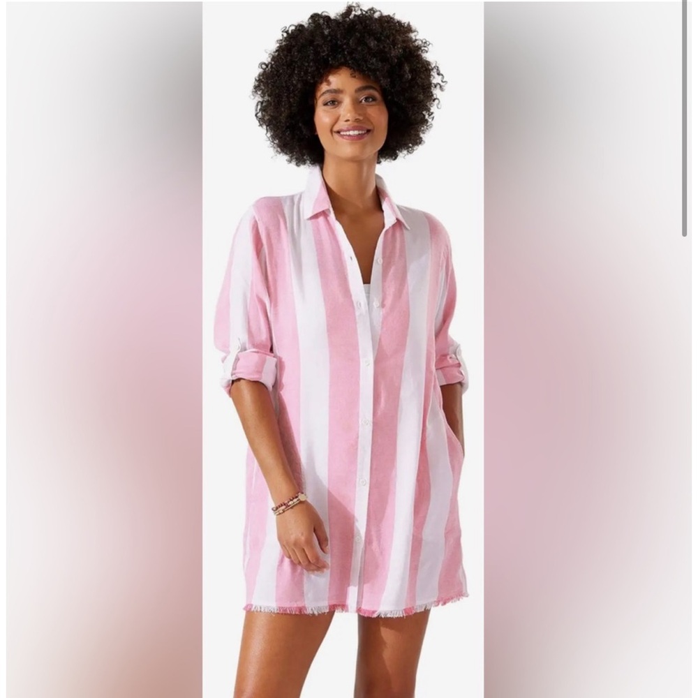 Tommy Bahama Top/Cover Up Pink & White Striped Linen Size Medium